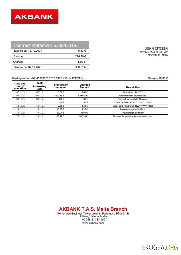 Relevé bancaire de Malte Akbank